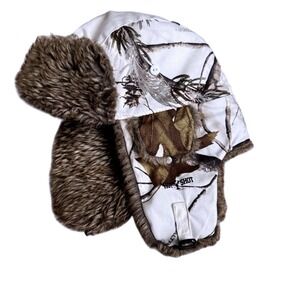 Real Tree Snow Camo Bomber Hat Browns Faux Fur Buckle Lined *